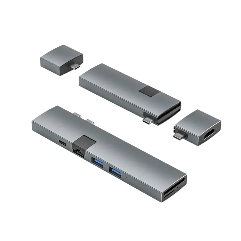 Gigabit RJ45 Ethernet Port 7 In 2 Detachable USB-C Hub Type-C To 4K 60HZ -Compatible Multi-Function USB 3.0 SD/TF Splitter