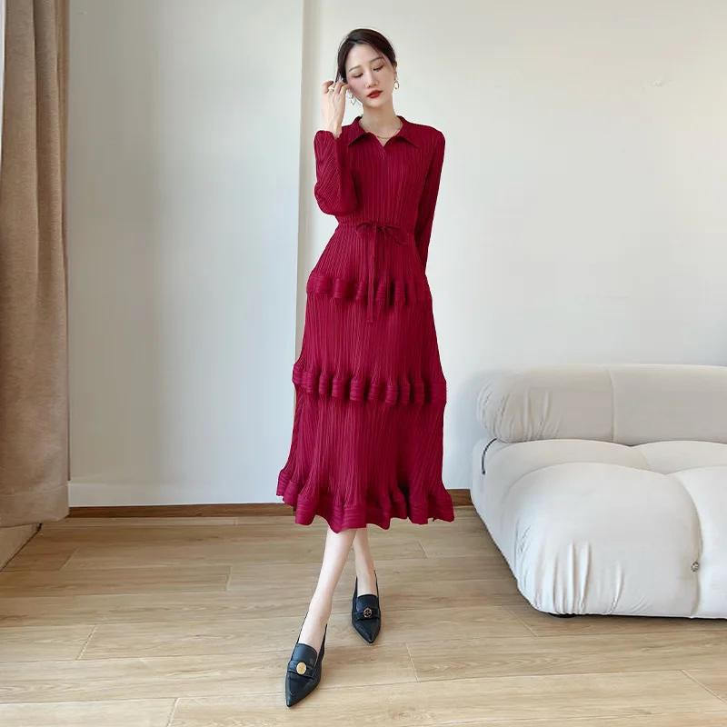 Large Size Temperament Slim Dress Female Fat Mm2023 Summer and Winter New Miyake Pleated French Covered Belly Cake Skirt