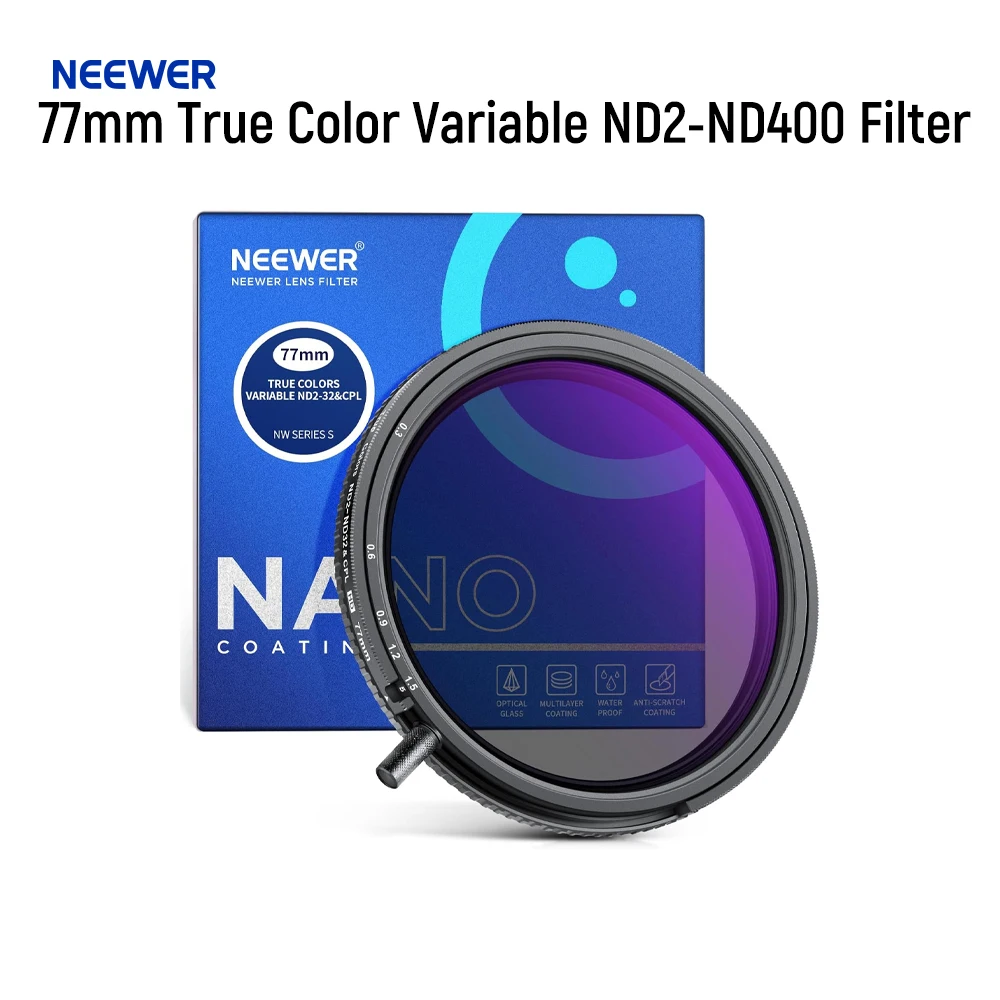 NEEWER 77mm True Color Variable ND2-ND400 Filter, Hard Stops Adjustable Neutral Density VND Filter with Multi Coated HD Glass