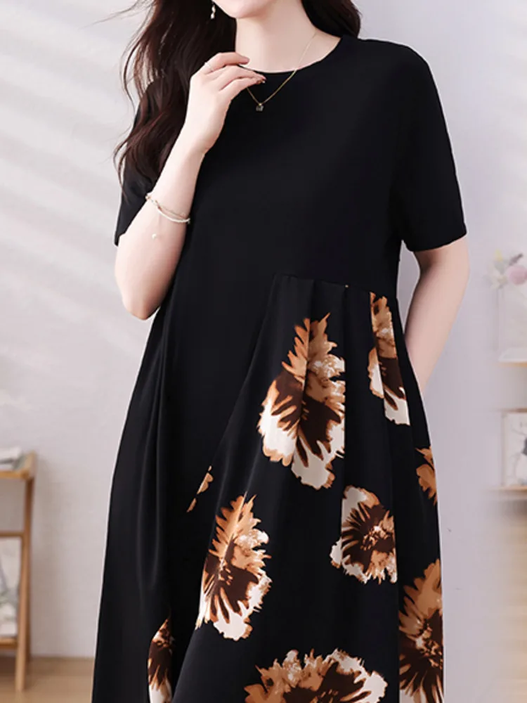 #8020 Summer Black Floral Printed A-line Dress Women Round Neck Vintage False Two Piece T Shirt Dress Short Sleeve Korean Style