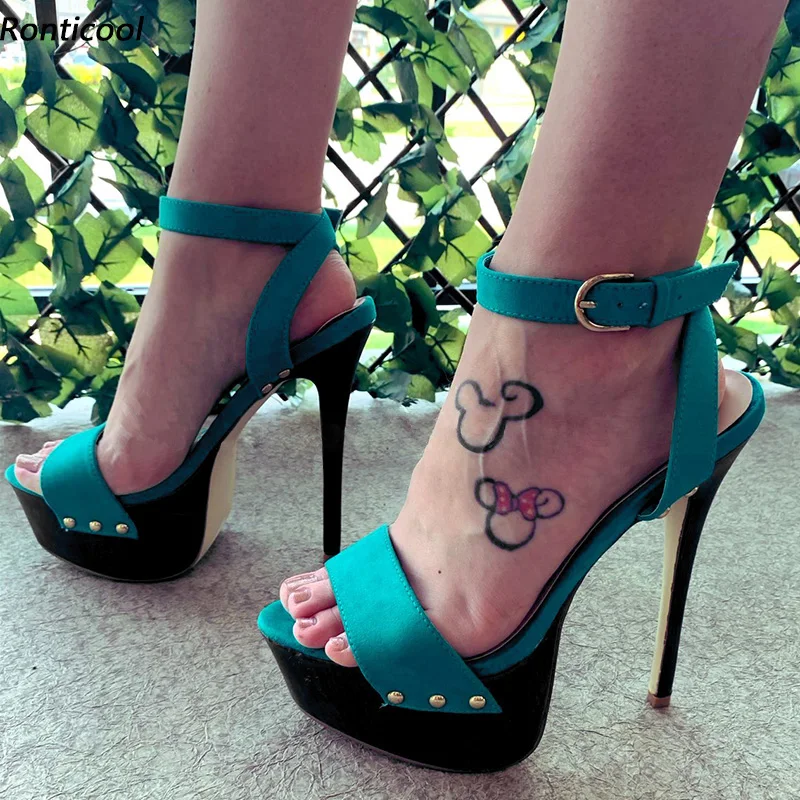 

Ronticool Women Platform Sandals Ankle Strap Faux Suede Stiletto Heels Open Toe Gorgeous Red Blue White Dress Shoes US Size 5-20