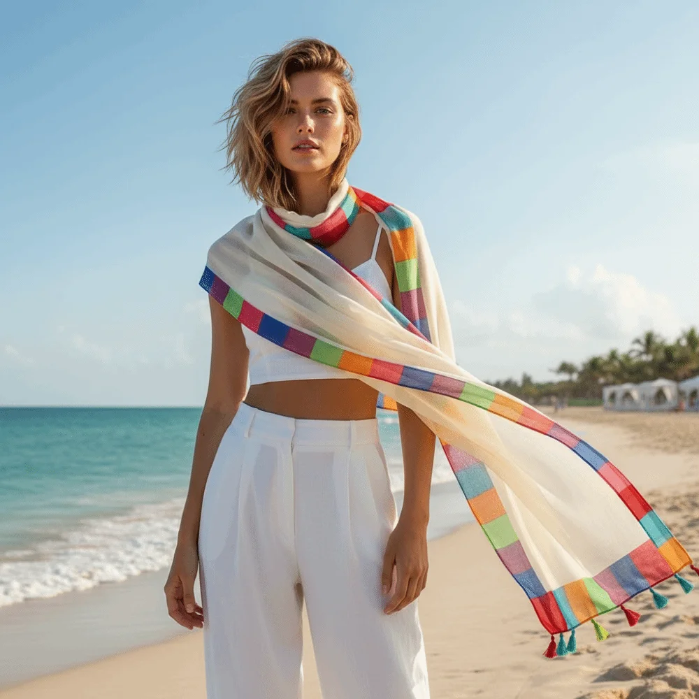 Neck Wrap Rainbow-Border Linen Scarf Color-Block Lightweight Summer Shawl Boho-Style Oversized Beach Wrap Vacation