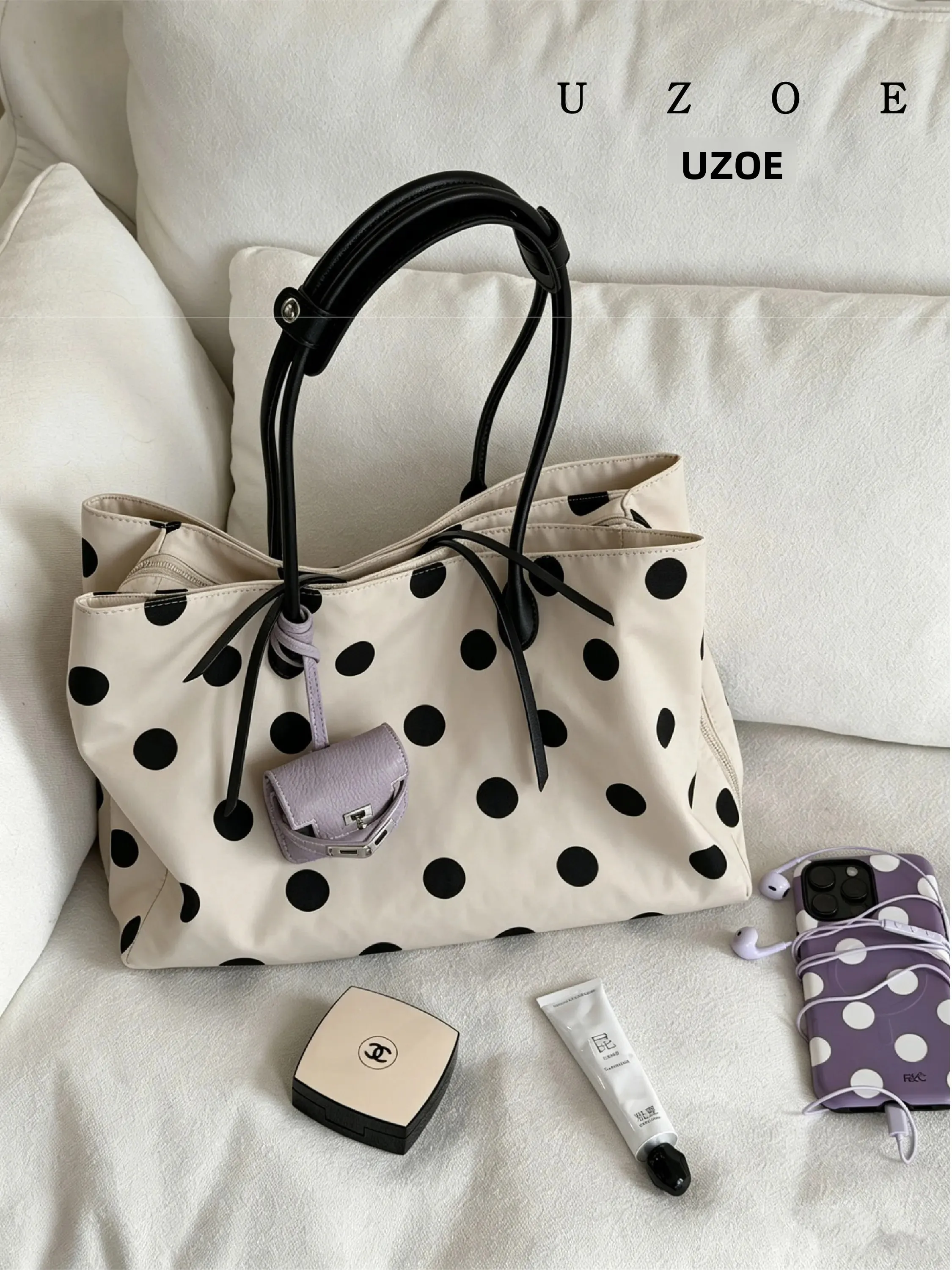uzoe-large-capacity-nylon-polka-dot-tote-bag-multi-layer-compartments-luxury-sensation-commuter-handbag-casual-simple-style