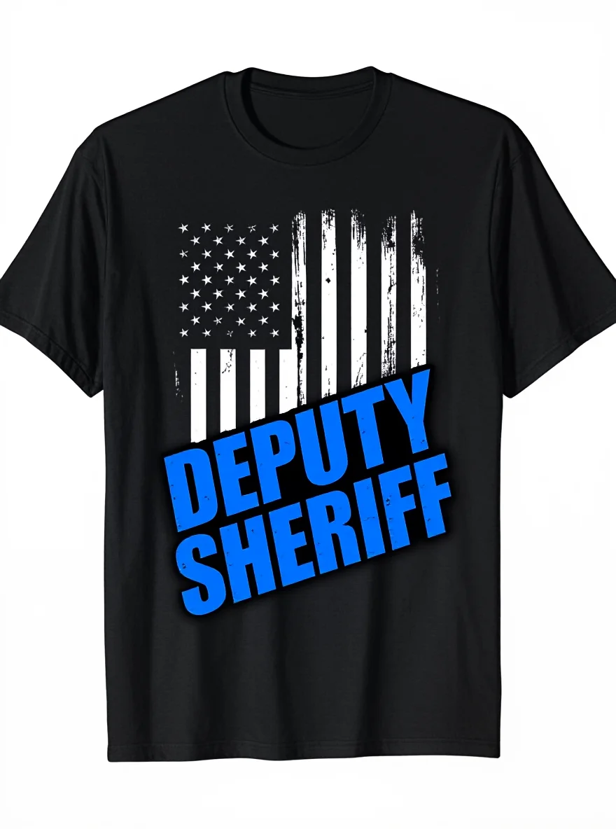 

Deputy Sheriff T-Shirt - Thin Blue Line American Flag 100% Cotton Casual Outdoor Tee