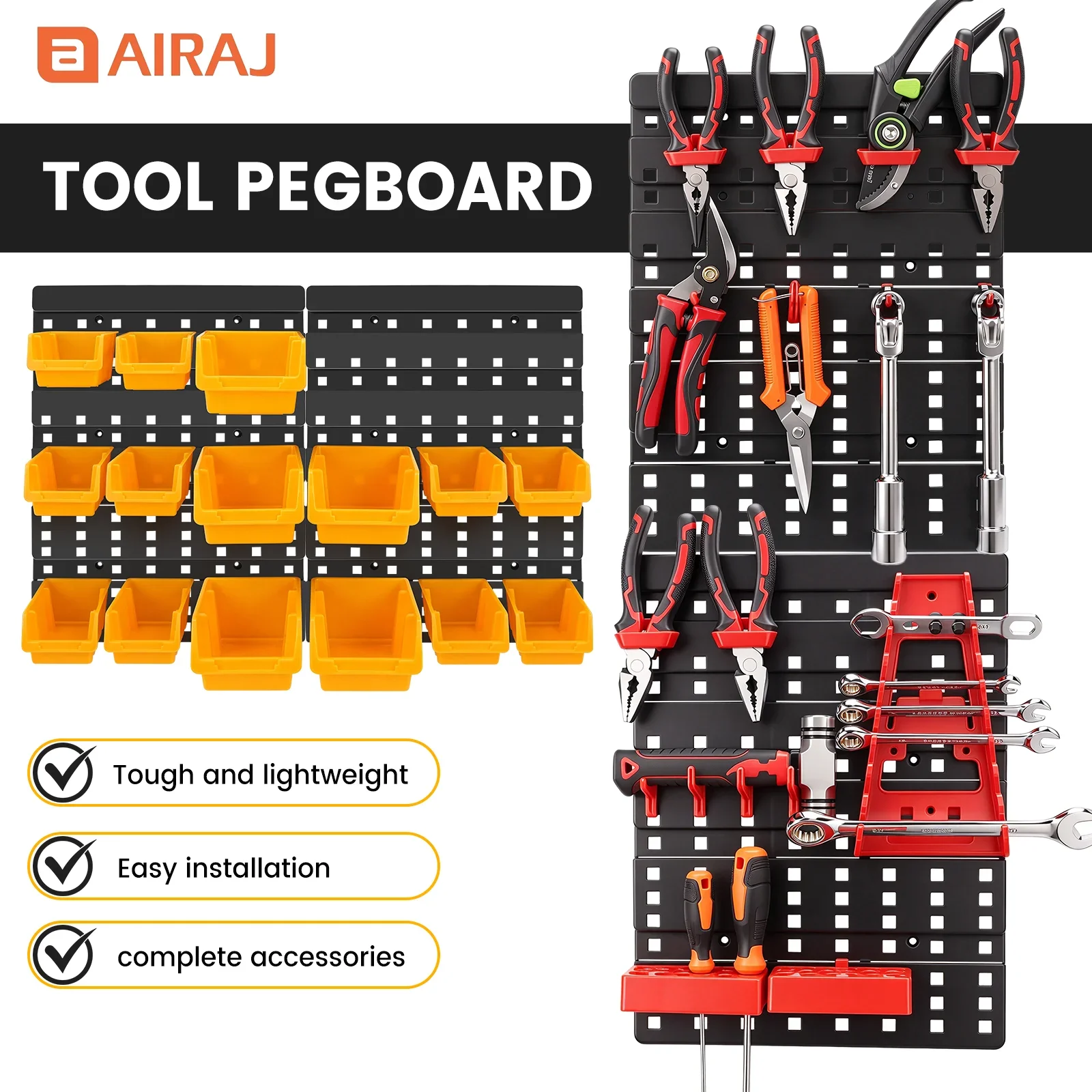 AIRAJ 36 pcs Wall Mounted Storage Bins Parts Rack Organizer Garage with Wall Panels Hooks Plastic Shop Tool for Screw Nails