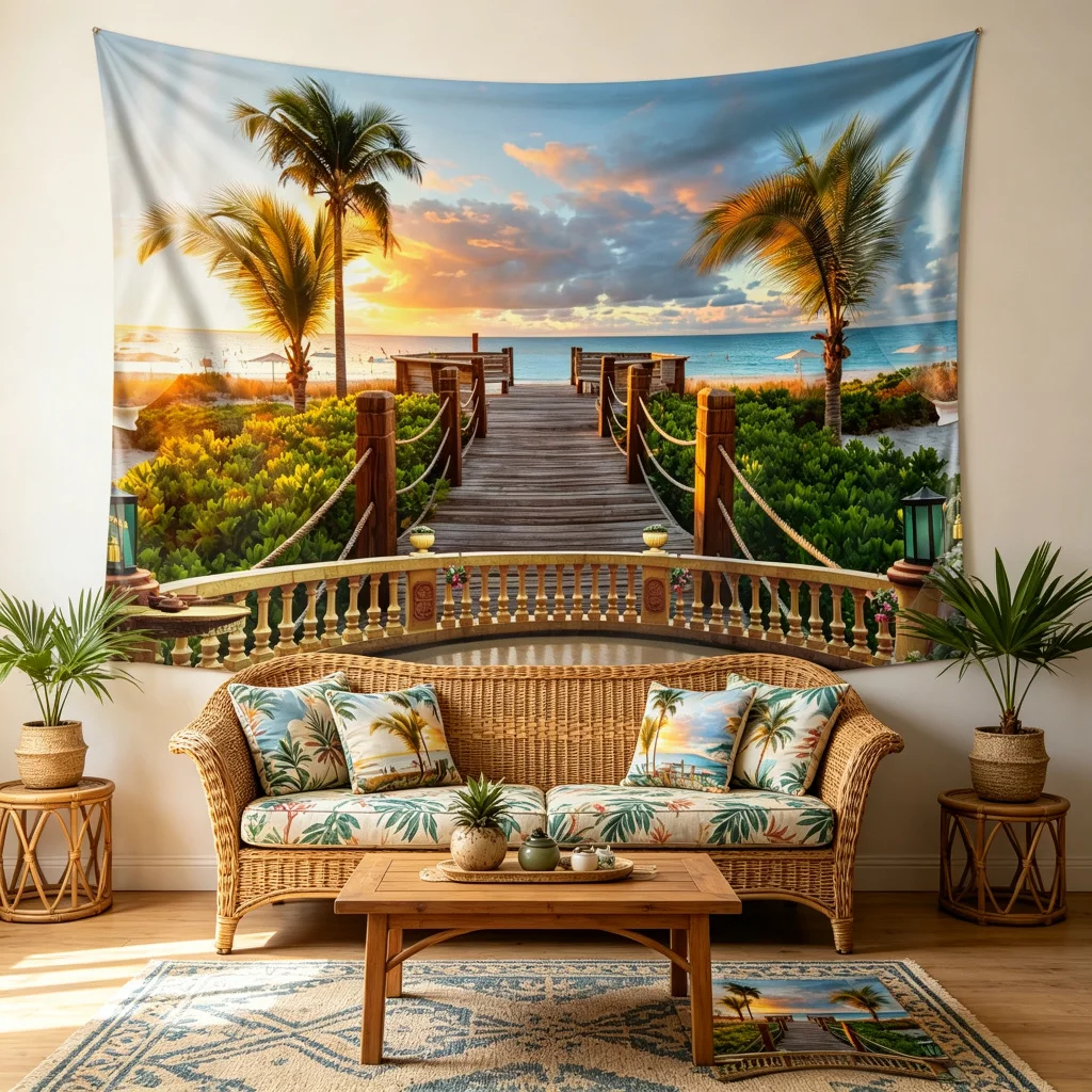 1PC Beach Path Sunset View Art Print Backdrop Banner, Bedroom Living Room Photo Background, Polyester, Home Decor, Wall Art