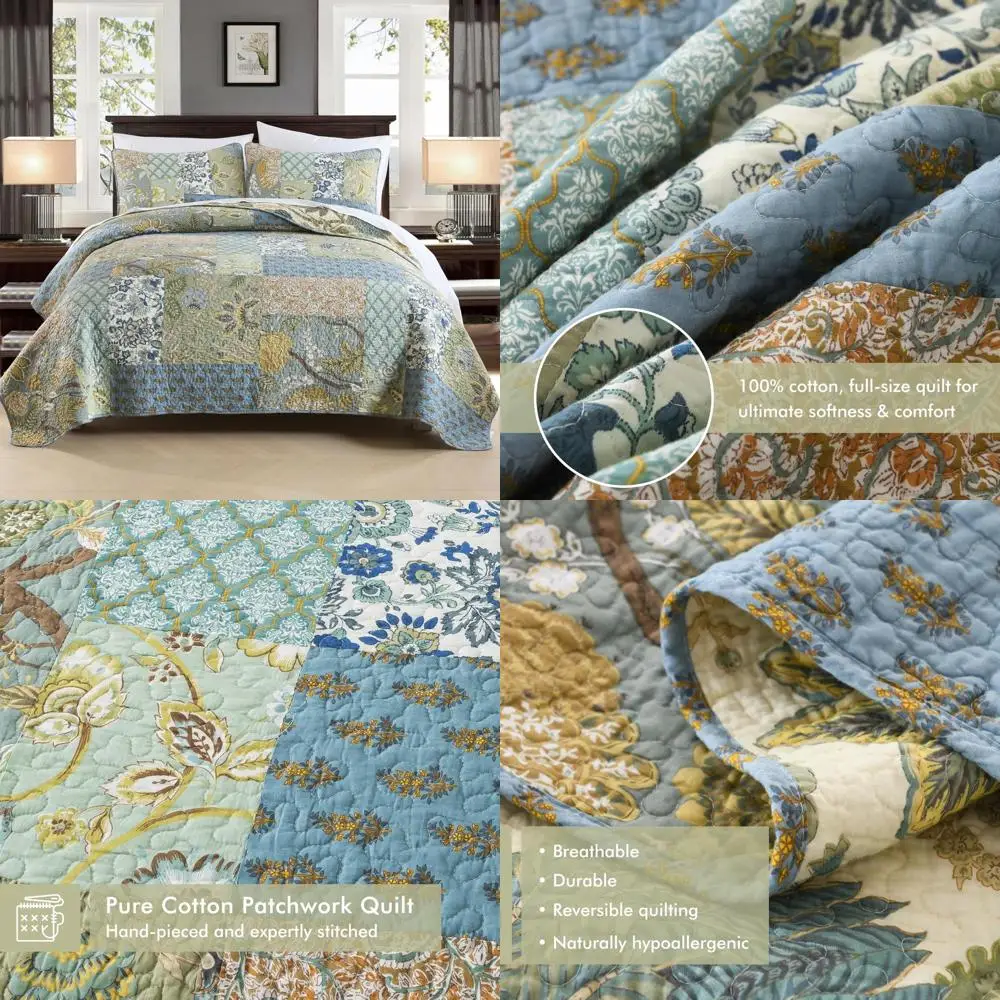 

Cotton Patchwork Quilt Bedding Set, Lightweight Floral Green Coverlet, Comforter Suitable for All Seasons, Sage Softness