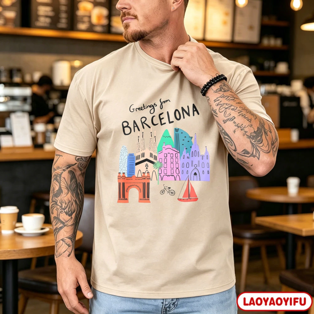 Greetings From Barcelona Graphic Tee Sagrada Familia Colorful Architecture Travel Souvenir Tops Fashion Streetwear Cotton Tshirt