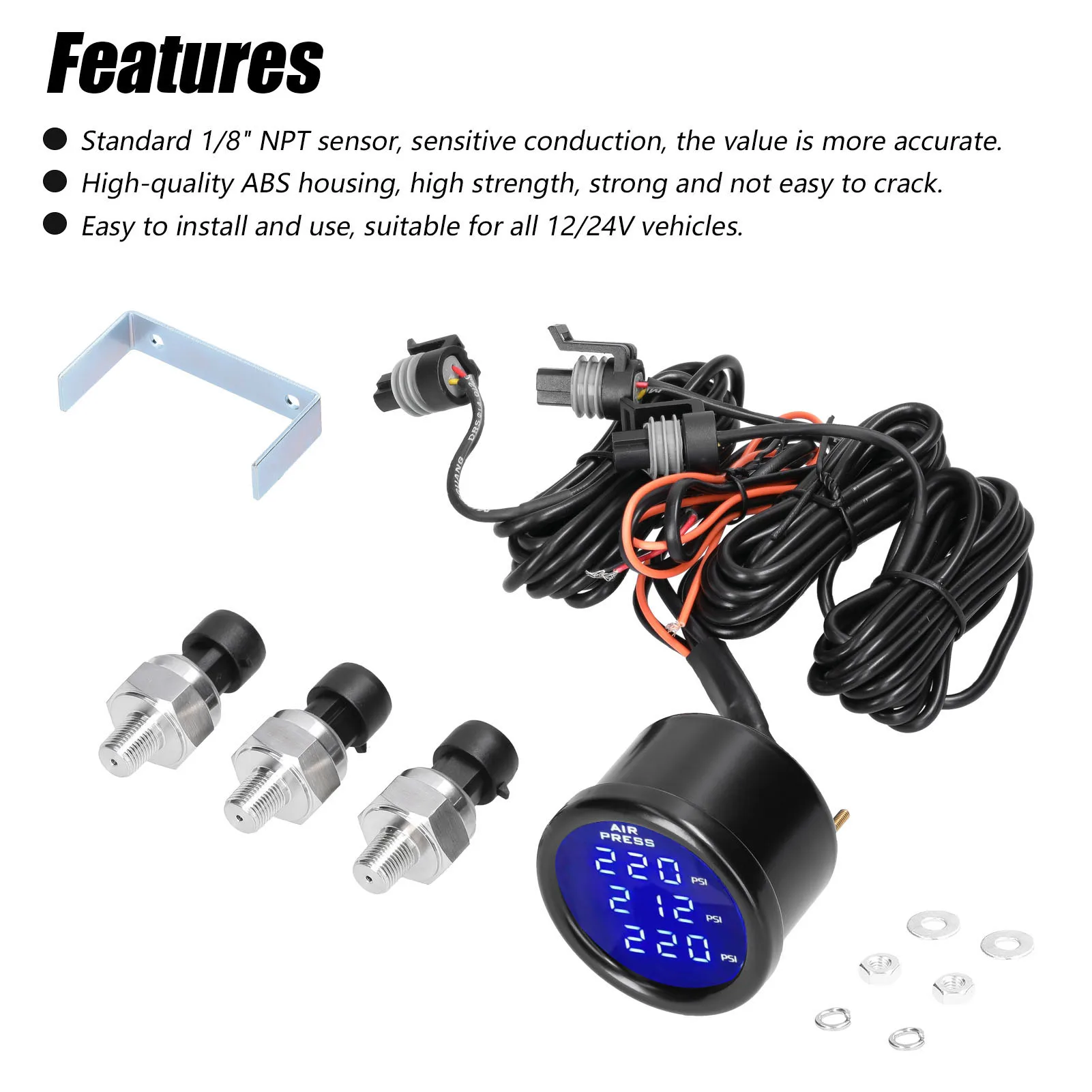 

Triple Display Air Pressure Guage LED Digital Air Suspension Gauge 0-220PSI with 3pcs 1/8NPT Sensors