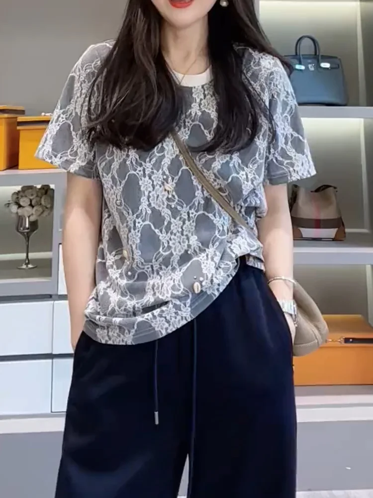 

Korean Design Heavy Embroidery Lace ort Sve Faionable Slimming Top plus Size Summer New Sle Commute Wind Women's Clo...