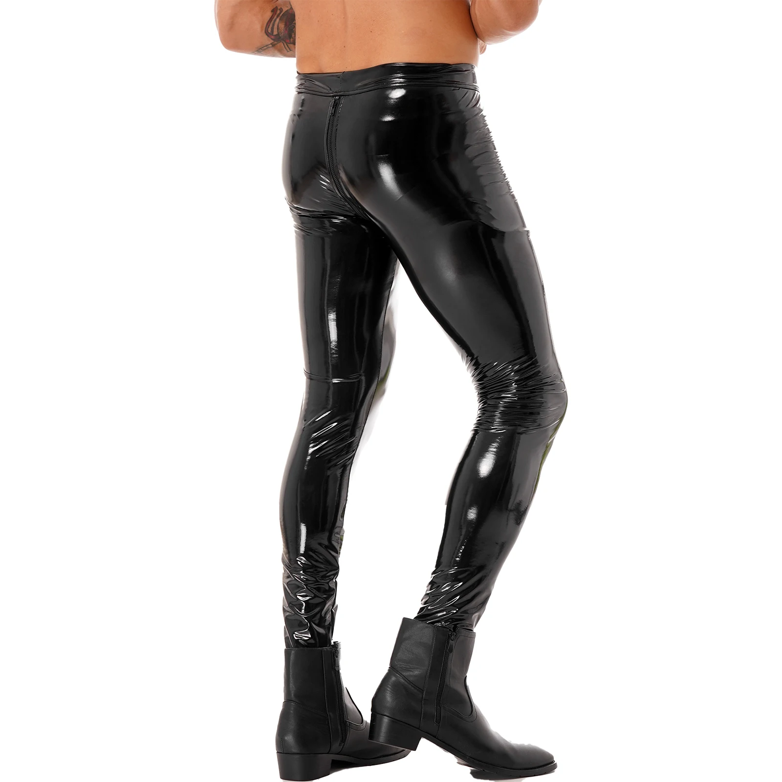 Mens Elastic Waist Zipper Crotch Trousers Wet Look Patent Leather Skinny Pants Clubwear Leggings