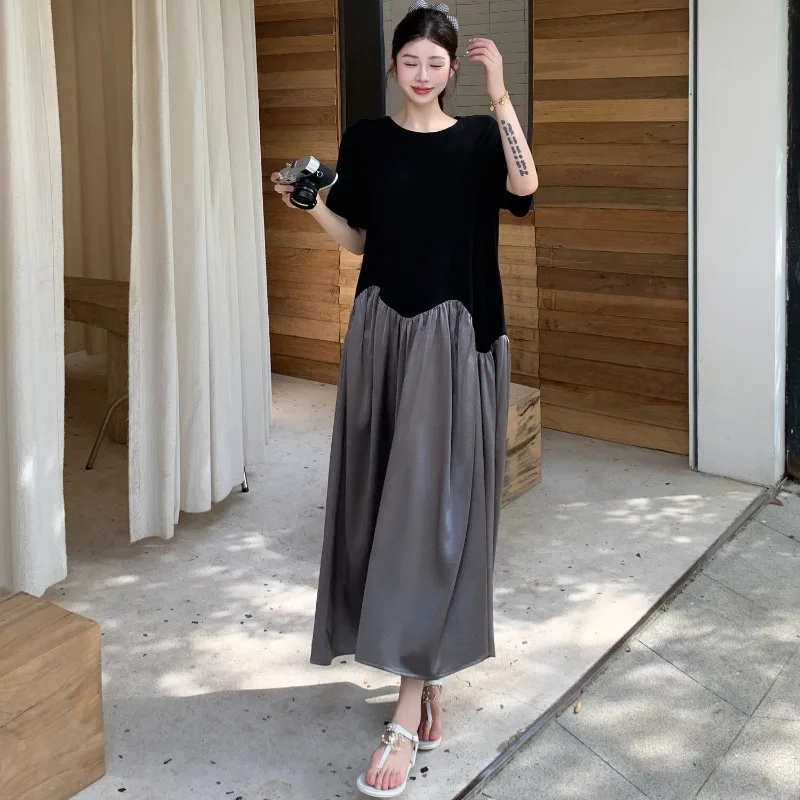 カジュアルルーズOネック半袖パッチワークマキシワンピース 夏 レディースワンピース 新作 スキニー ハイウエスト Aライン マキシTシャツワンピース