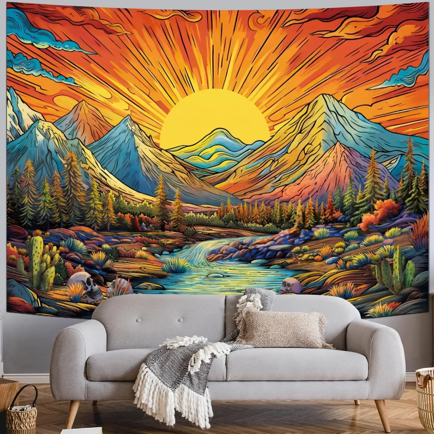 Boho Sun Mountain Tapestry Trippy Forest Tree Tapestry Vintage Aesthetic Magic River Tapestries Nature Landscape Wall Hanging