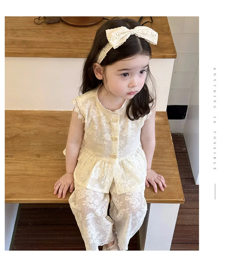 Girls Set Summer New 2026 Korean Girl Baby Hollow Lace Vest Lace Wide Leg Pants Two Piece Set