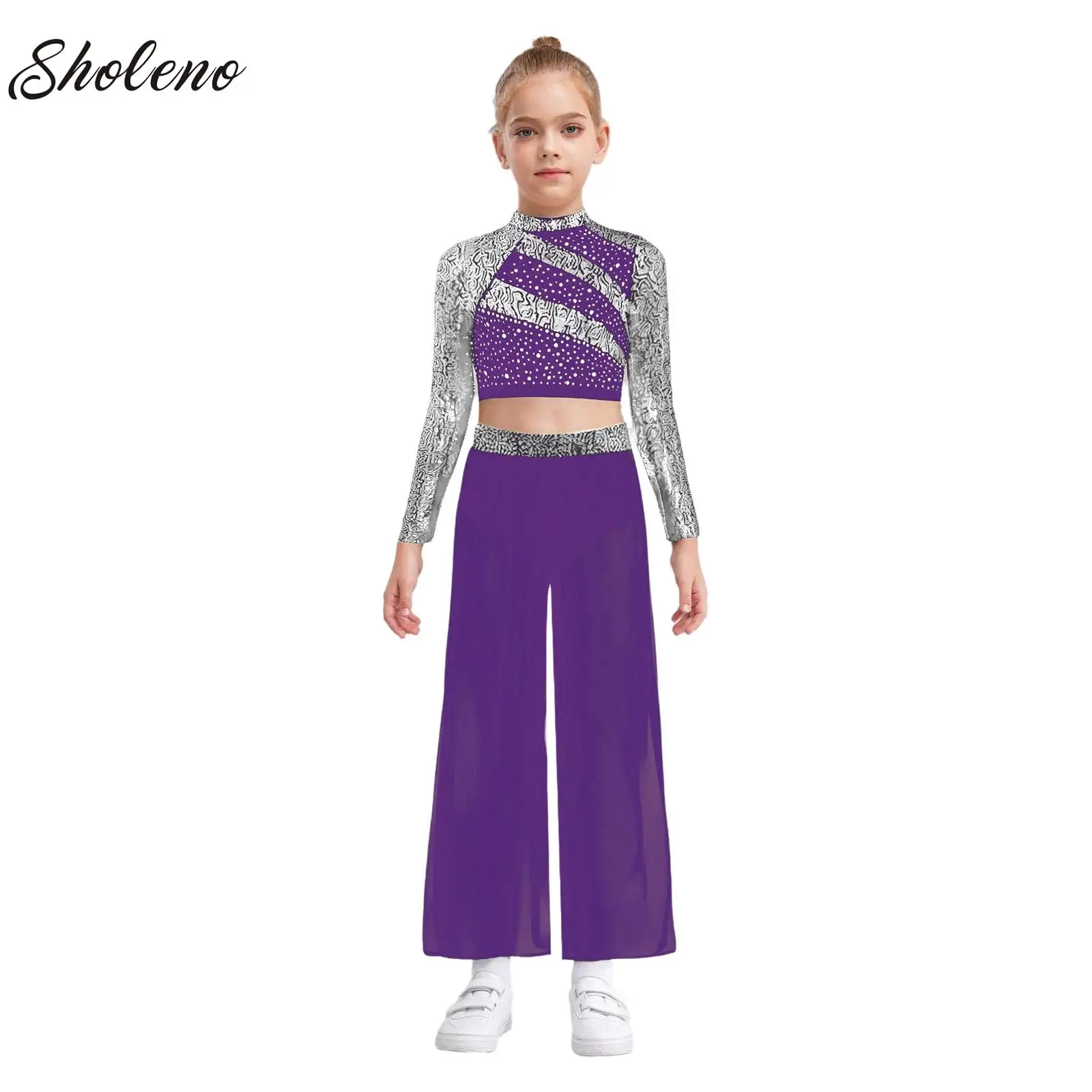 

2Pcs Girls Lyrical Modern Dance Outfits Jazz Ballet Gymnastic Dancewear Sequins Crop Top and Chiffon Overlay Wide-Leg Pants Set