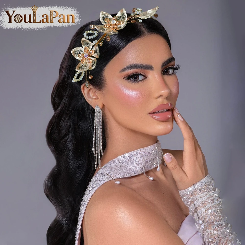 YouLaPan Elegant Champagne Color Crystal Headband Bride Flower Hair Hoop Beaded Headpieces Princess Party Hair Accessories A322