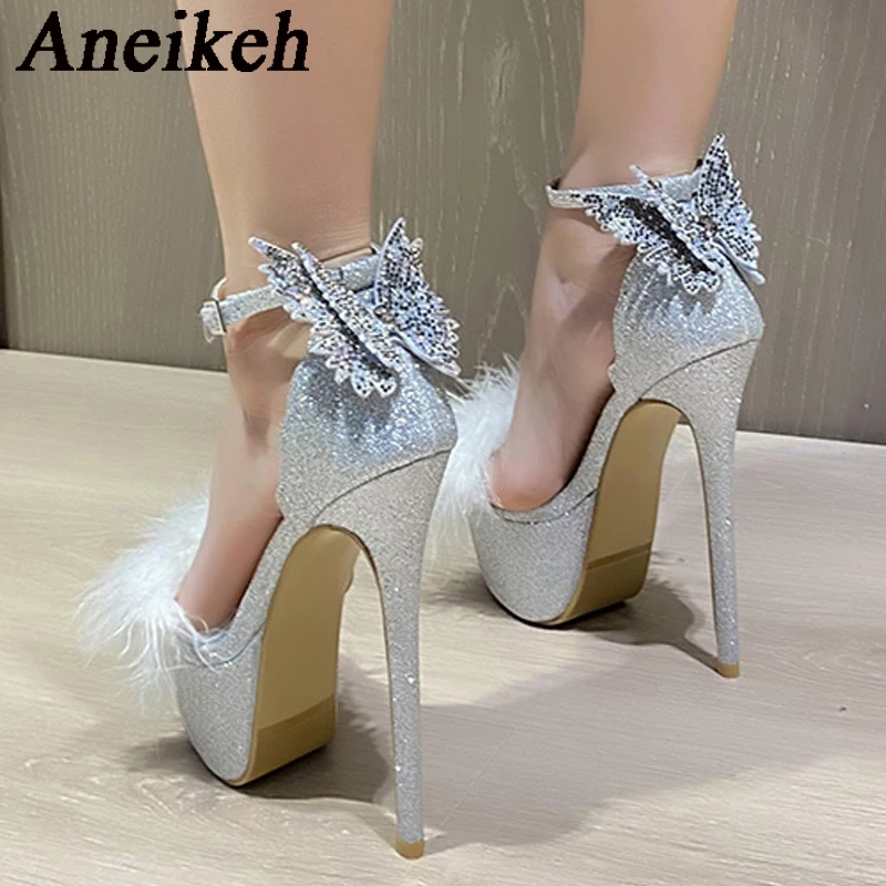 Aneikeh-Sandalias con plataforma de plumas de tela con lentejuelas para mujer, zapatos de fiesta con hebilla, Punta abierta, nudo de mariposa, cubierta de tacón, Sexy, Verano