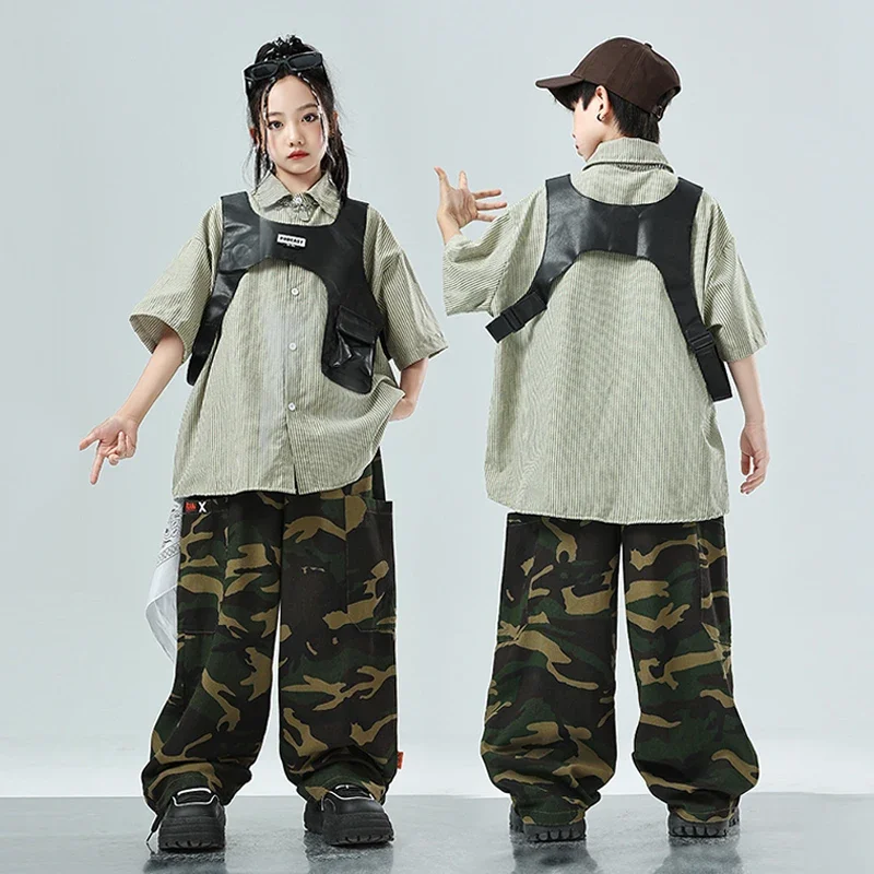 

Cool Hip Hop Dance Costume For Kids Camouflage Pants Oversize Shirt Street Dance Performance Wear Boys Girls Jazz Outfit