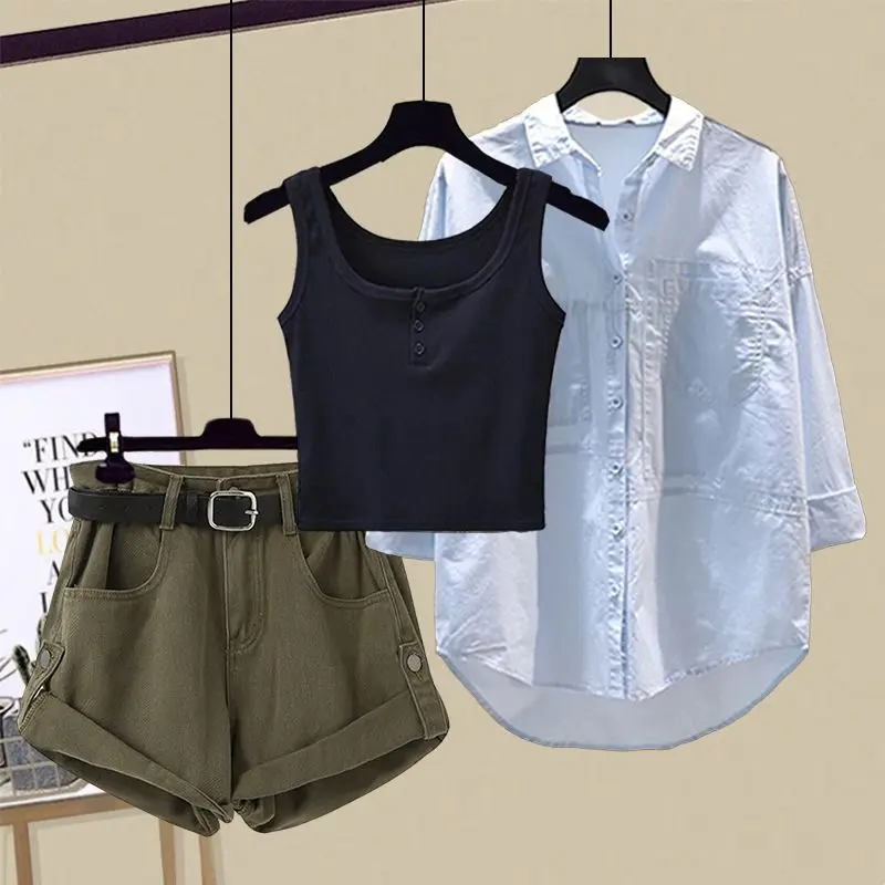 Spring/Summer Korean Edition New Versatile Sunscreen Shirt with Inner Strap Tank Top High Waist Slim Denim Shorts Set