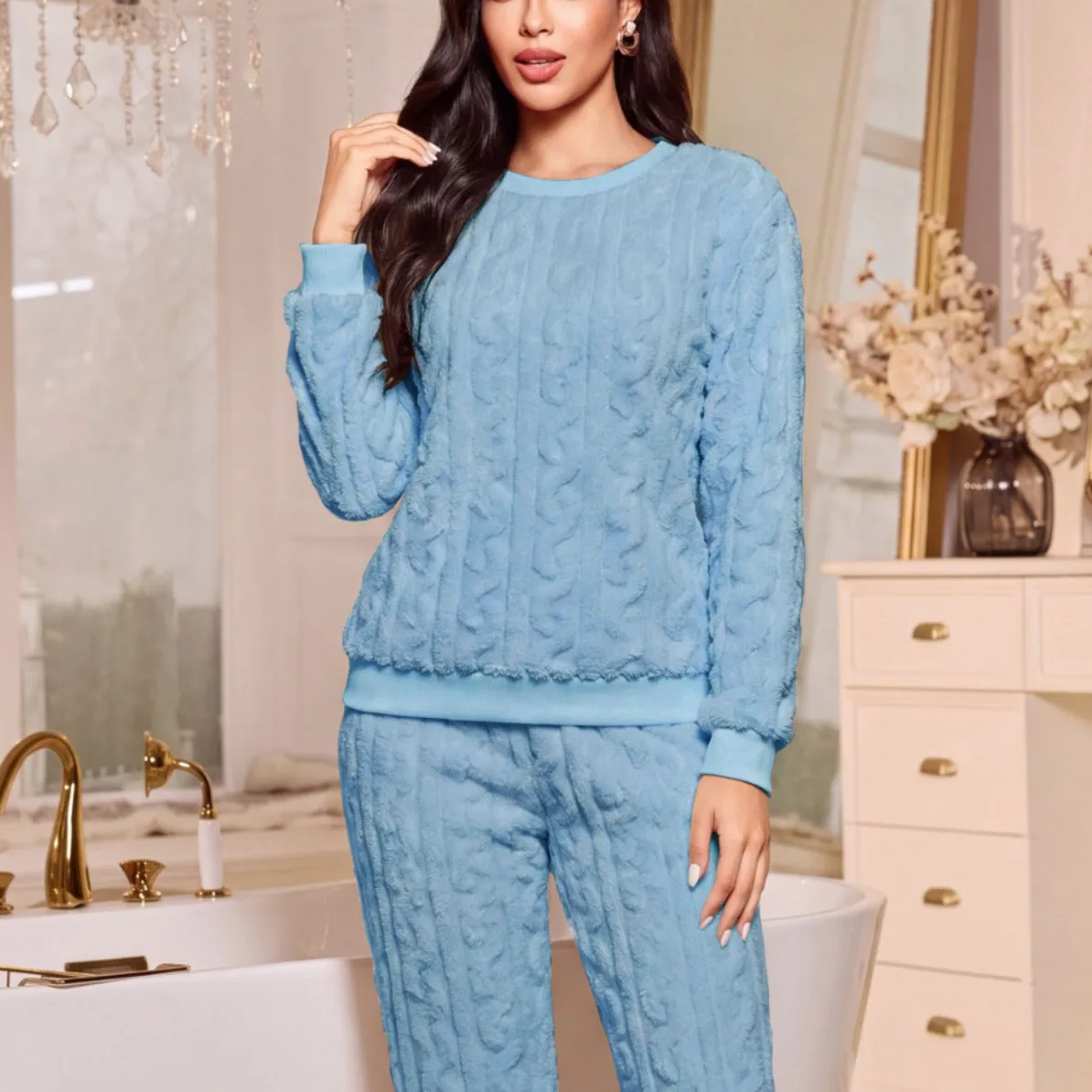 Women Fleece Pajamas Set Autumn Winter Thick Warm Coral Velvet Long Sleeve Top+Elastic Cuff Pants 2‑Piece Suit Casual Sleepwear