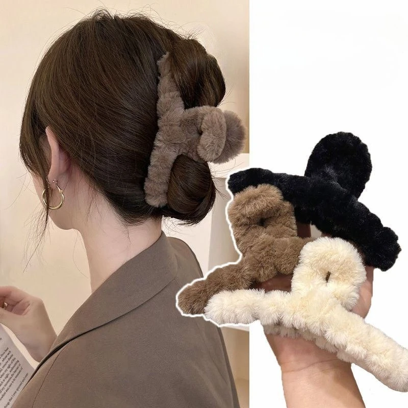 

13cm Fleece Hair Claw Clip Large Size Winter Hairclip for Women Girls Premium Design Solid Color Thick Hair Claw Back Holder
