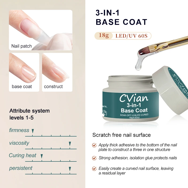 

18 г 3-в-1 базовый гель для ногтей, эксклюзивно для салонов, для укрепления, придания формы, наращивания и самовыравнивания, совместим с клеем для ногтей.