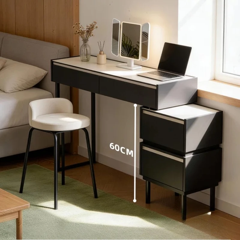 F*-All Metal Narrow Vanity Table Set With Tri Fold LED Light Mirror Multi Tier Cosmetic Organizer