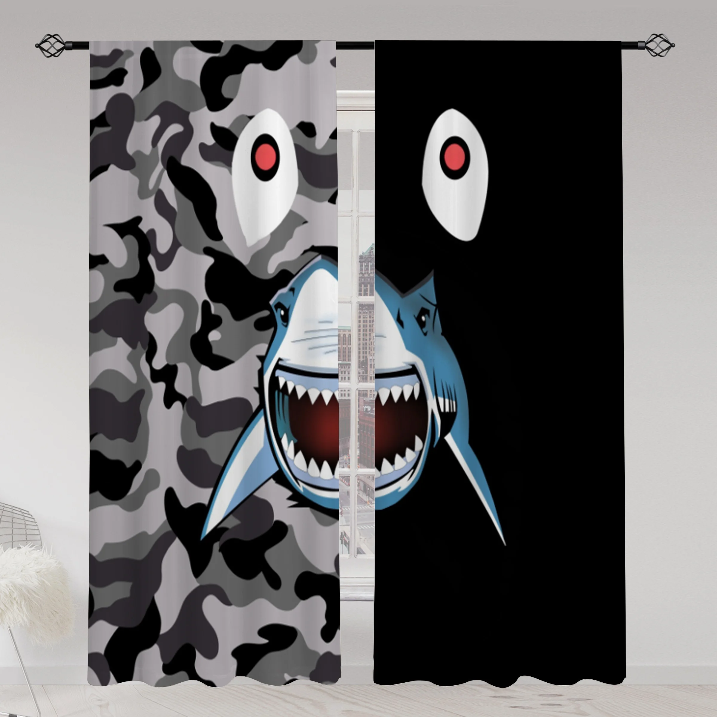 2pcs Shark Camo Curtains Cartoon Fish Military Pattern Print Drape Kids Room Boys Bedroom WindowTreatment Cool Ocean DecorPanels