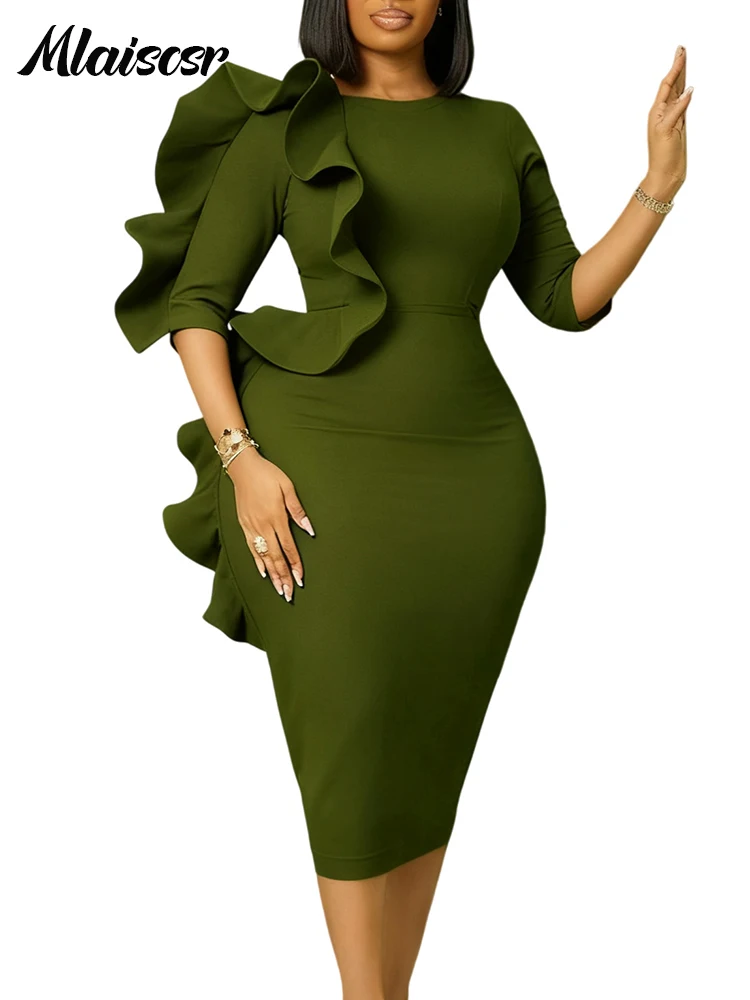 Mlaiscsr O-Ausschnitt, Rüschen, Schößchen, 3/4-Ärmel, Paket, Hüfte, mittleres Kleid, Damen, elegant, Anlass, Geburtstag, afrikanische Hochzeit, Urlaubskleider
