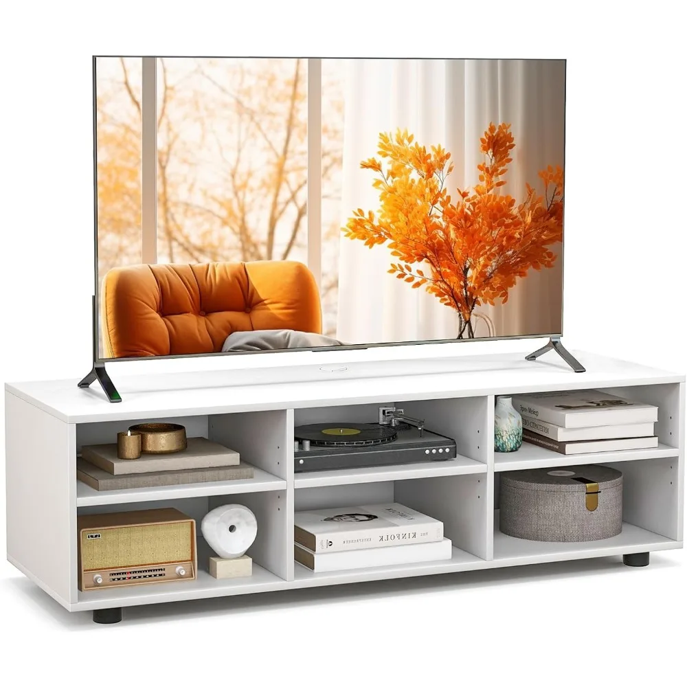 

6-Cubby TV Stand for TVs up to 50 Inches, White TV Console Table with Adjustable Shelves