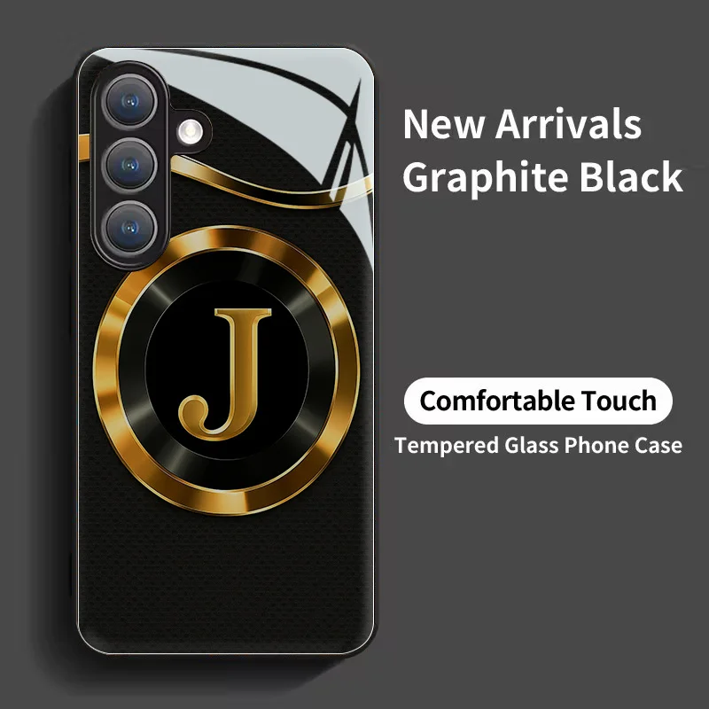 Golden letter J pattern glass phone case suitable for Samsung Galaxy S26 S25 S24 S22 S21 S20 FE/Ultra/Plus hard case