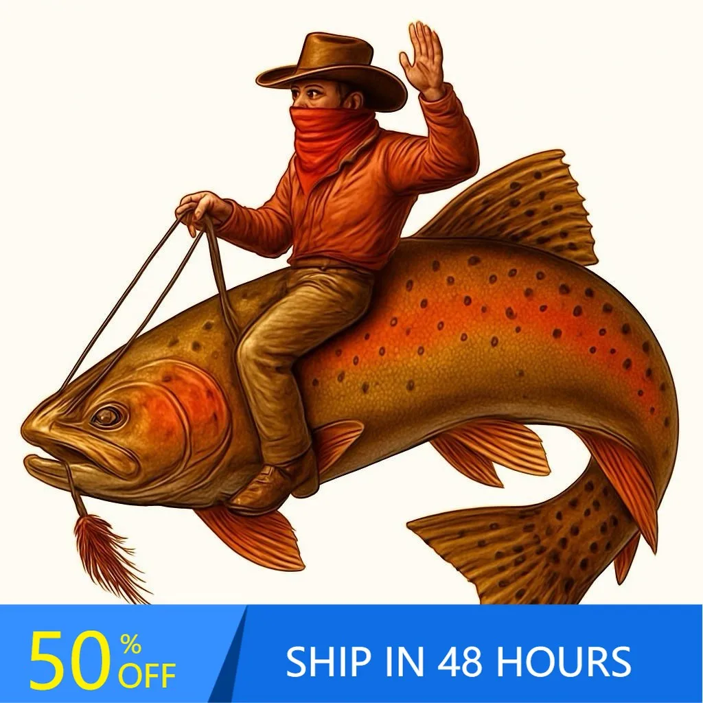 

Trout Cowboy Fly Fishing Unique Camper Van Walls Window Car Gift Cute Cool Aesthetic Retro Funny