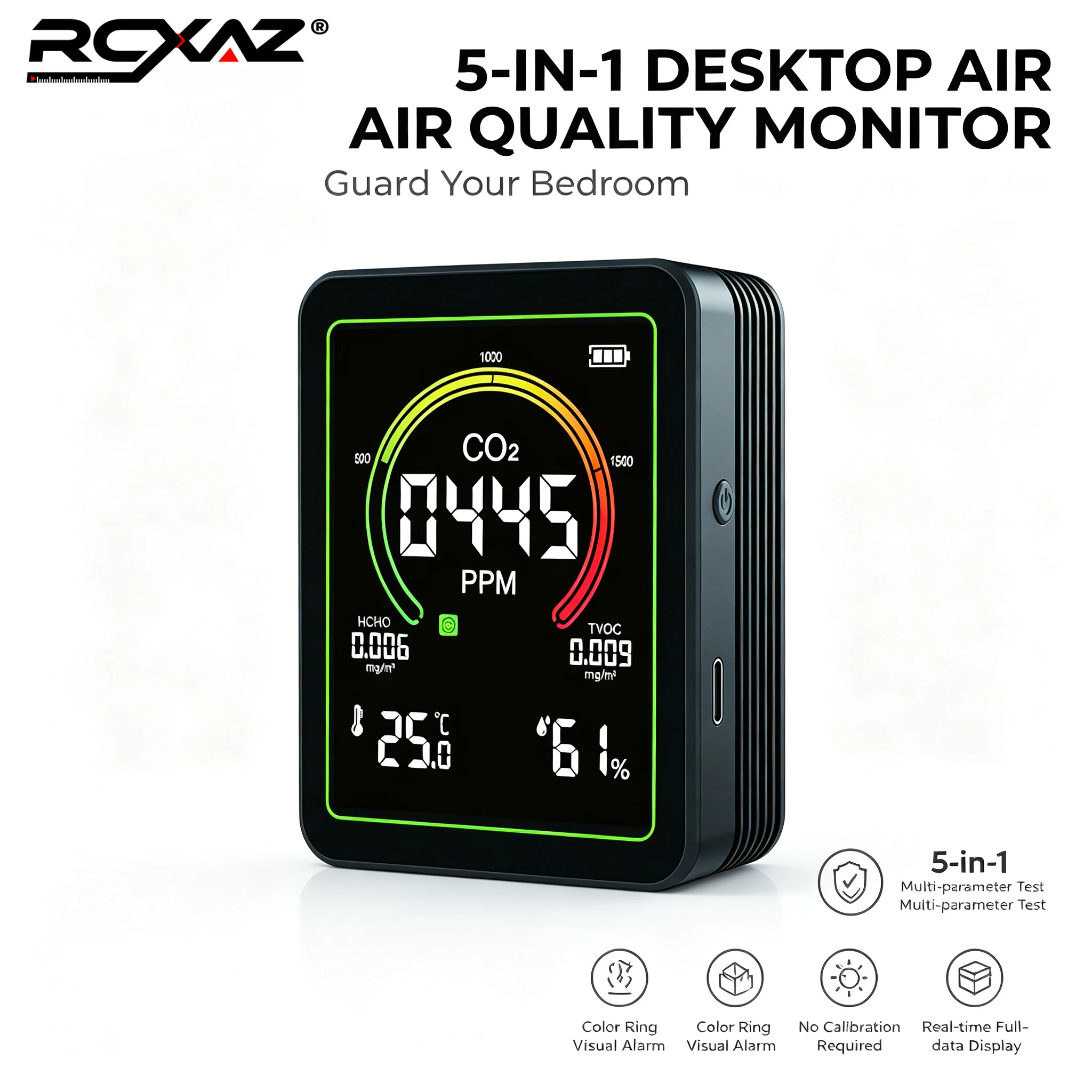 RCXAZ Multifunctional 5-in-1 Air Quality Tester CO2 Formaldehyde TVOC Humidity Monitor with 3-Color Indicator for Home Office