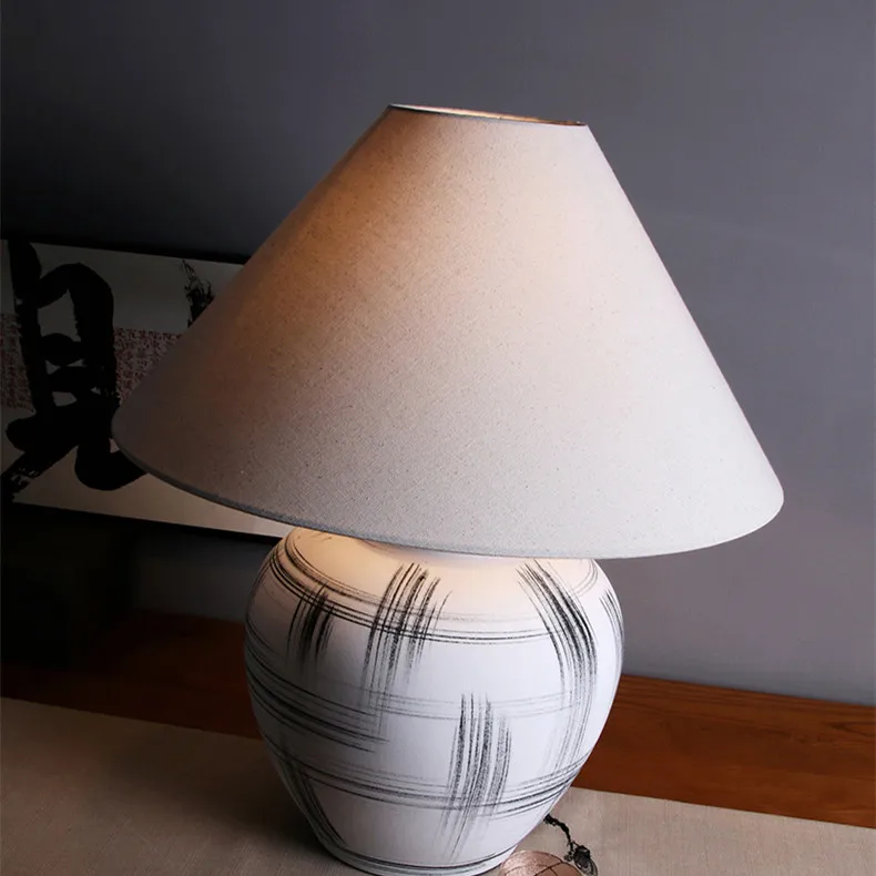 Wabi‑Sabi Hand Drawn Ceramic Table Lamp Linen Shade Retro Chinese Style Bedside Desk Lamp for Living Room Bedroom Home Decor