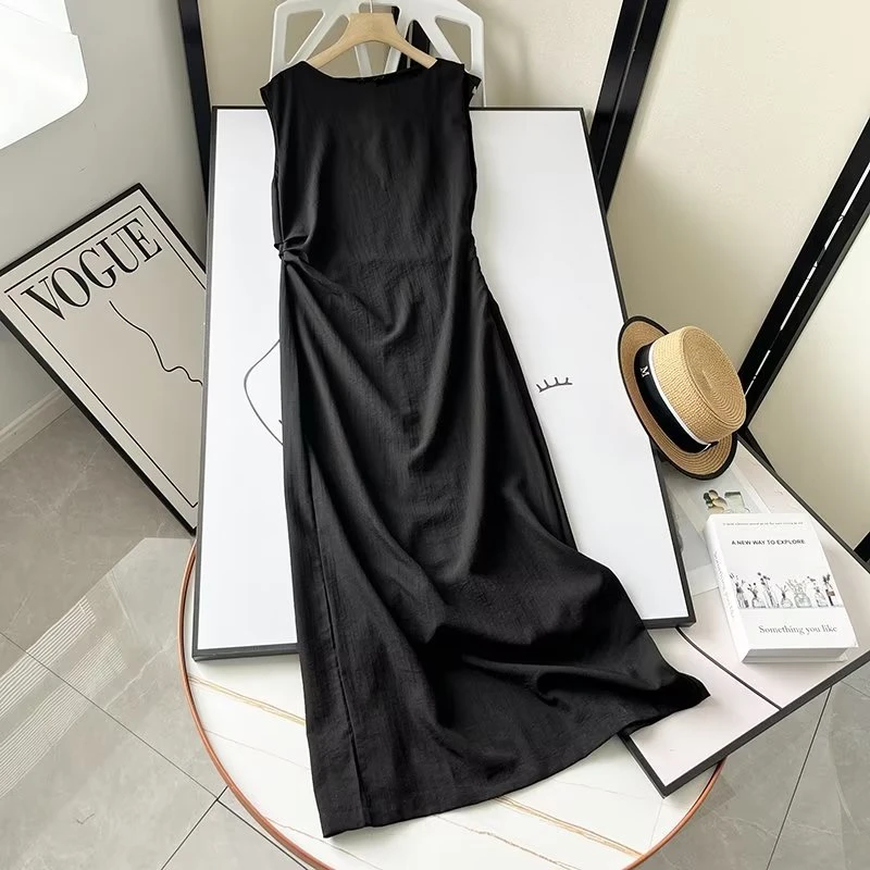 Maxdutti French Dress Women Style Black Color Casual Linen Midi Office Ladies Fashion Pleated Slim Dress