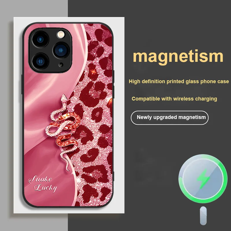 

For iPhone 11 X XR 13 Mini Plus 14 Pro 15 12 XS MAX 8 16 e Magnetic Glass Phone Case Dustproof Pink Leopard Pattern Series