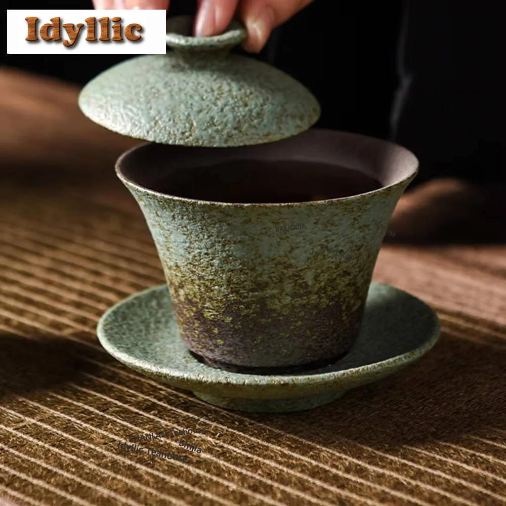HOYIHM 200ML Coarse Pottery Three Talent Cover Bowl Tea Cup Household Large Kiln Transformation Single Japanese Offer Cha Gift