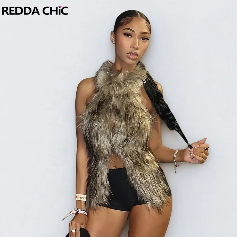 

REDDACHiC Женский водолазка из искусственного меха Y2k Gyaru Нечетки с открытыми плечами и завязками на спине Жилет без рукавов Ретро Harajuku Уличная одежда