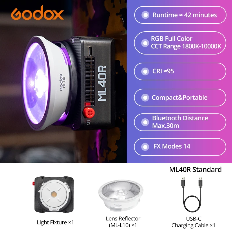 Godox ML40R ML40Bi 40W draagbare LED-videolamp met magnetische bevestiging en Godox-accessoire voor fotografie.