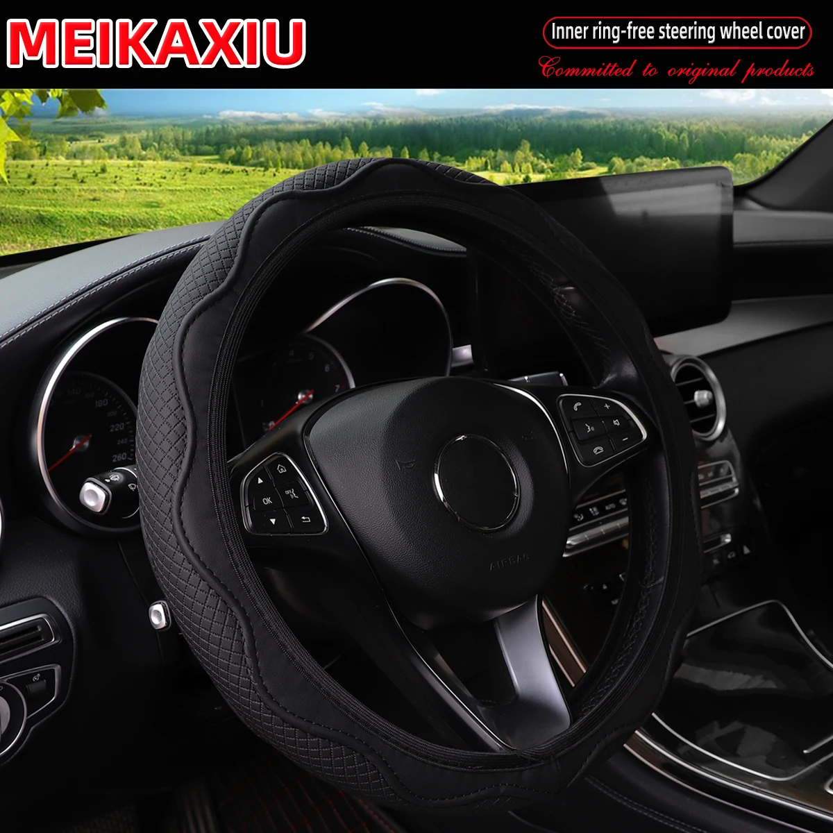 12 Wave-patterned checkered embossed double-stitched car hubless steering wheel cover for 14-15 inches for all seasons.