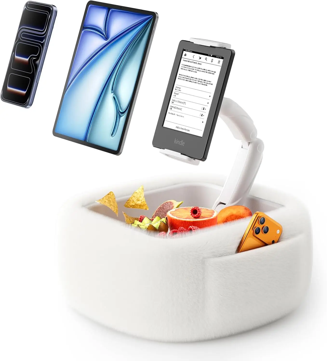 

Регулируемая подставка-подушка для планшетов iPad, iPhone, Kindle — из пушистой ткани, с подставкой для закусок, облачно-белая