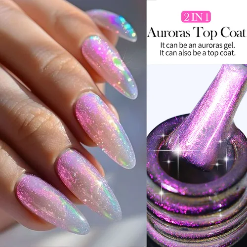 Imagen 1 del producto LILYCUTE 7ML Aurora Glitter esmalte de uñas en Gel azul púrpura Sparking Gel Nail Art Gel UV semipermanente 2 en 1 función capa superior