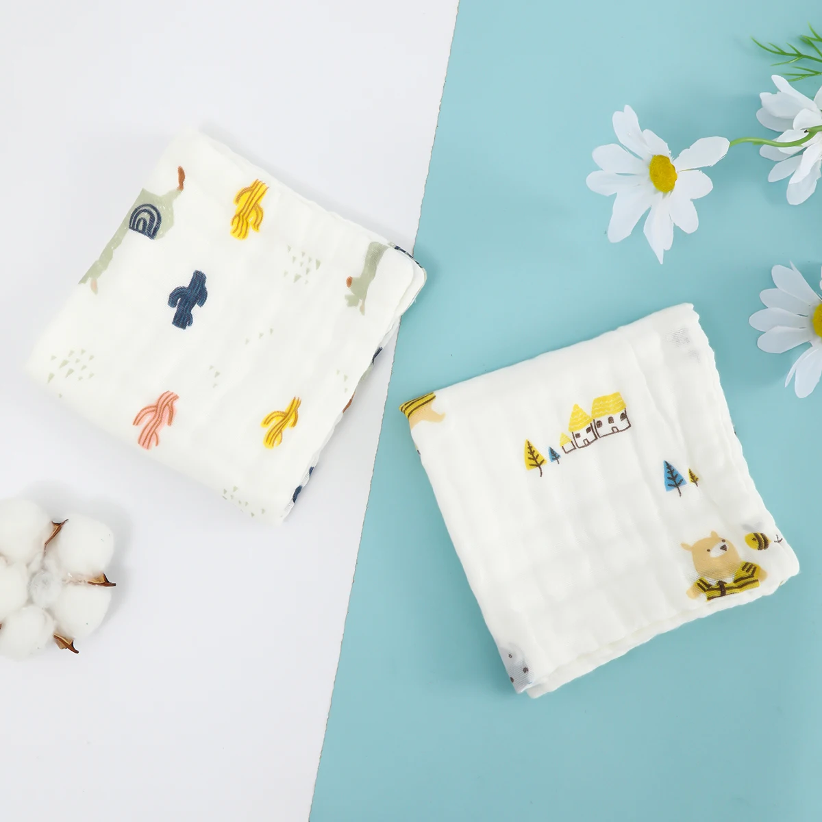 Picture 5: Random pattern 5 pieces pure cotton gauze baby baby face towel six-layer high-density square towel soft absorbent towel set