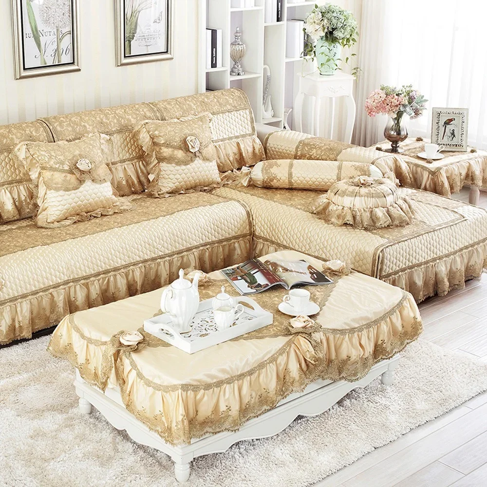 Gold Luxury Imitation Silk Sofa Cover Pillow Case High Quality Jacquard Lace Slipcover Sofa Towel Single Slip Suit Sofa Sets