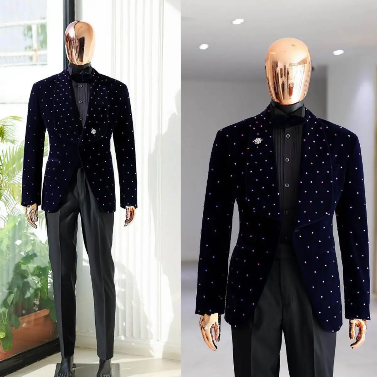 Navy Velvet Groom Wedding Tuxedos Full Crystal Red Carpet Fashion Show Mens Wear Custom Made Party Birthday Outfits 2 Pieces