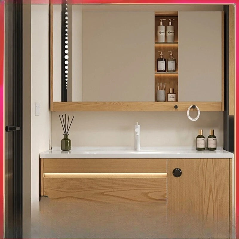 

Новый продукт 2024, современный и простой, встроенная раковина из каменной плиты, умывальник, умный шкаф для ванной комнаты цвета ореха