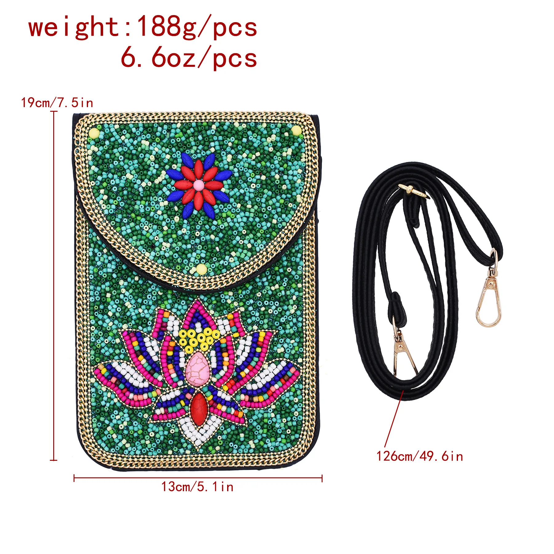 Small Rice Bead Lotus Flower Leather Bag Vintage Ethnic Handbag Travel Crossbody Antique Style Phone Bag
