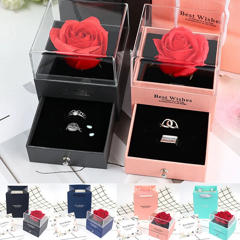 Valentines Day Gifts Unfade Flower Eternal Rose Jewelry Box Artificial Flower Birthday Wedding Party Jewelry Case for Girlfriend