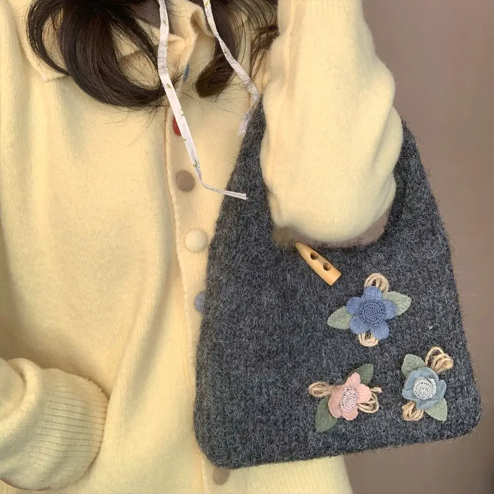 

Модная цветочная вязаная сумка с роговой пуговицей, многоцветная шерстяная сумка большой емкости, вязаная сумка на запястье в стиле ретро для девочек