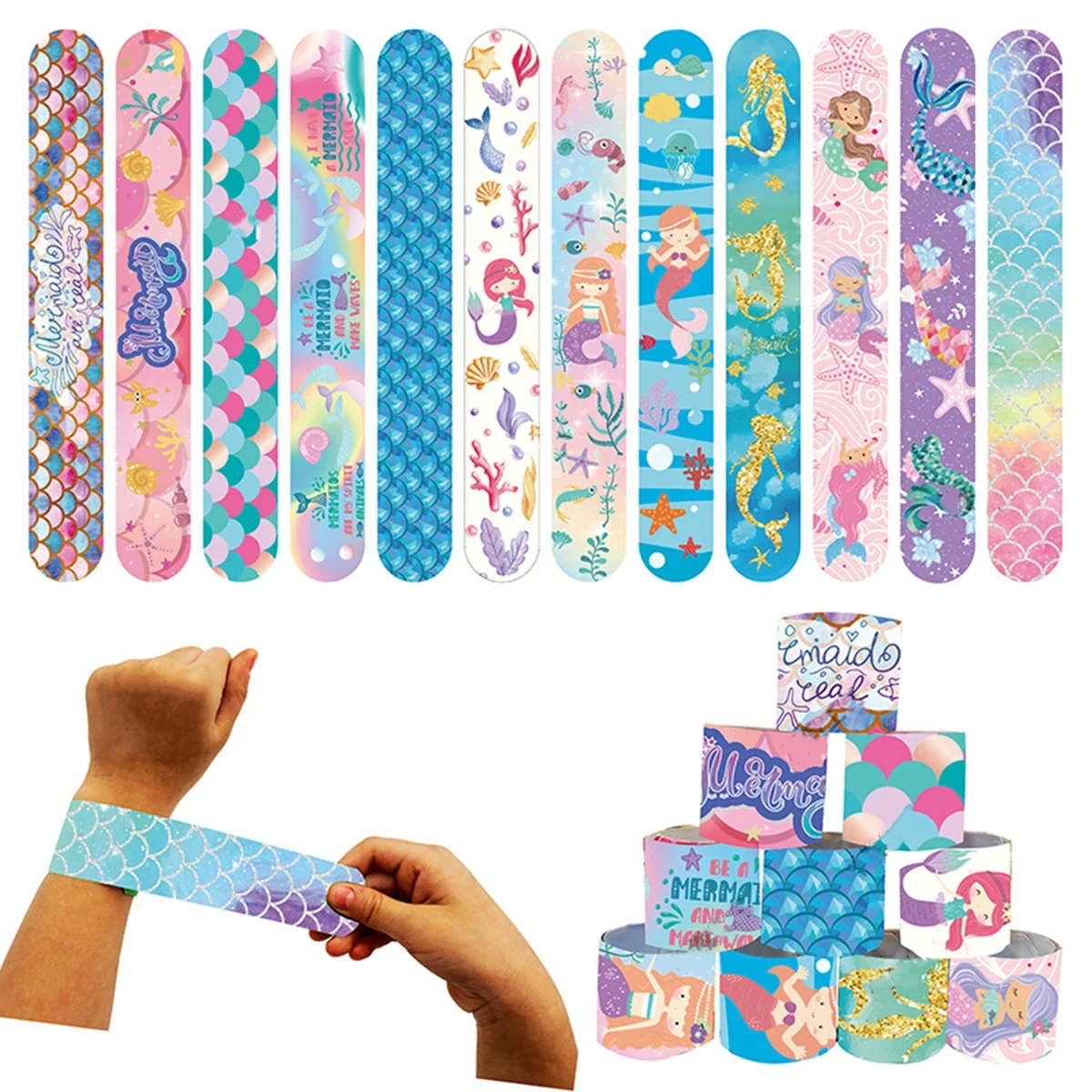 12pcs Little Mermaid Slap Bracelets Girls Gift Under The Sea Shell Bracelets Happy Kids Girls Mermaid Theme Bithday Party Favors